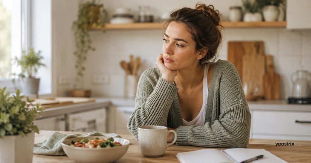 Woman sitting thoughtfully at a kitchen table with tea and healthy food in a softly lit home setting, representing gut health, histamine intolerance, and digestive wellness.