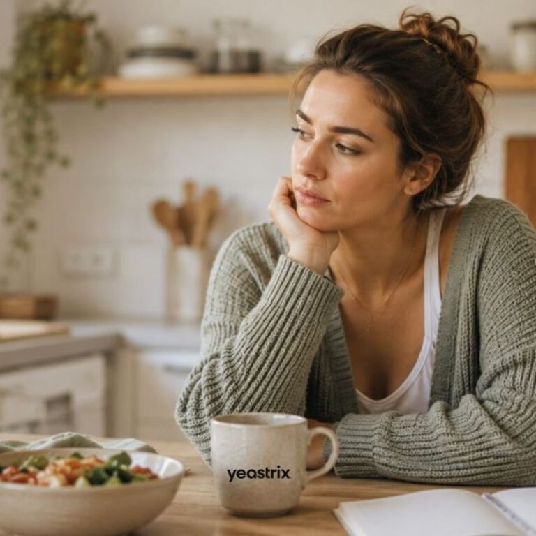 Woman sitting thoughtfully at a kitchen table with tea and healthy food in a softly lit home setting, representing gut health, histamine intolerance, and digestive wellness.