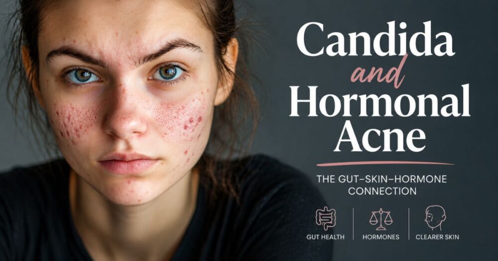 Young woman with visible hormonal acne beside text reading “Candida and Hormonal Acne: The Gut-Skin-Hormone Connection.
