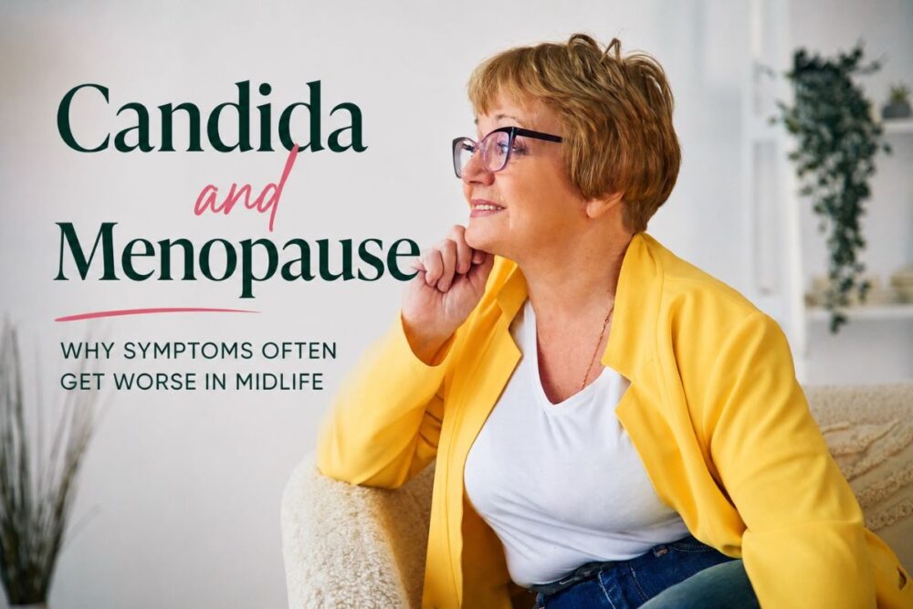 Woman sitting thoughtfully at home beside text reading “Candida and Menopause: Why Symptoms Often Get Worse in Midlife.