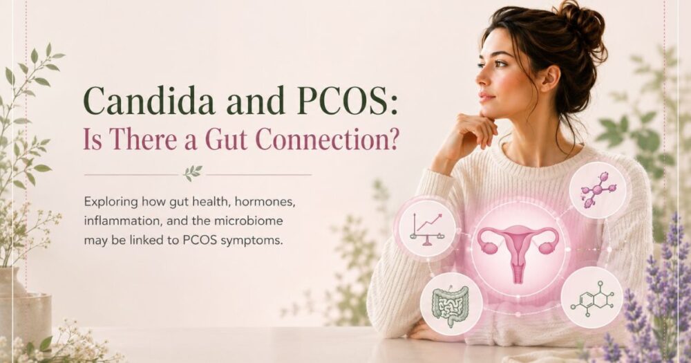 Hero image for article about Candida and PCOS featuring a thoughtful woman with soft wellness illustrations representing hormones, gut health, inflammation, and the microbiome.