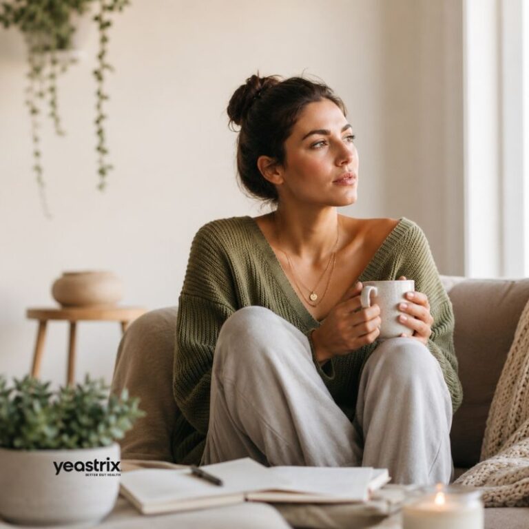 female sits with coffee mug and knees up thoughtfully considering the connection between candida and thyroid health