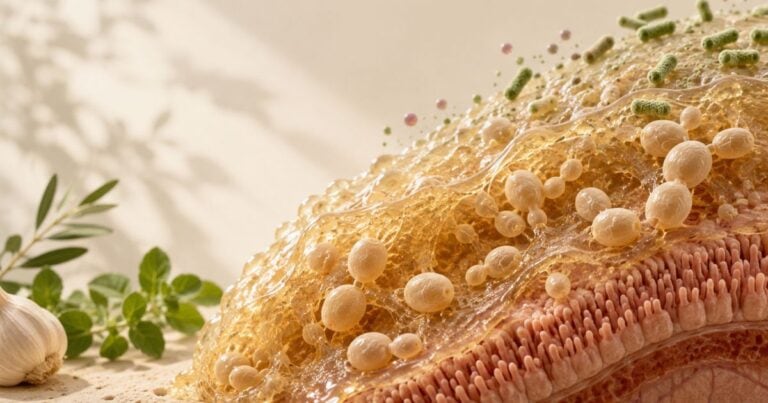 Editorial illustration of Candida biofilms on the gut lining, showing Candida yeast cells protected by a translucent biofilm layer that may contribute to persistent or recurring Candida overgrowth.