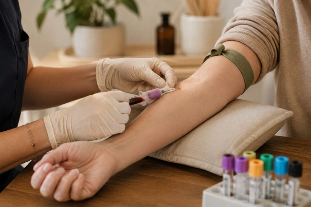 Healthcare professional performing a routine blood draw from an adult patient during a calm outpatient consultation.