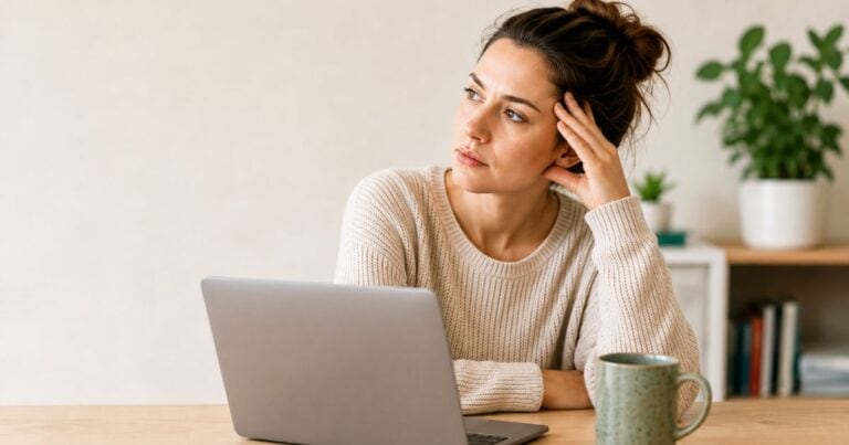 Woman sitting at a desk experiencing mental fatigue and difficulty concentrating