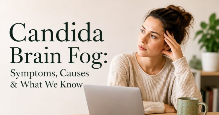 Woman experiencing brain fog while working at a laptop, representing Candida brain fog and the gut–brain connection.