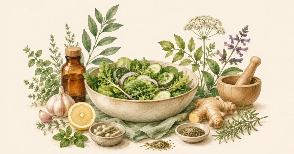 Editorial botanical illustration of fresh whole foods commonly included in a Candida-friendly diet.