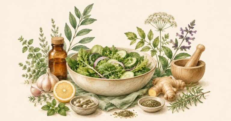 Editorial botanical illustration of a fresh salad bowl surrounded by herbs, garlic, ginger, lemon, and natural ingredients representing a healthy Candida cleanse diet.
