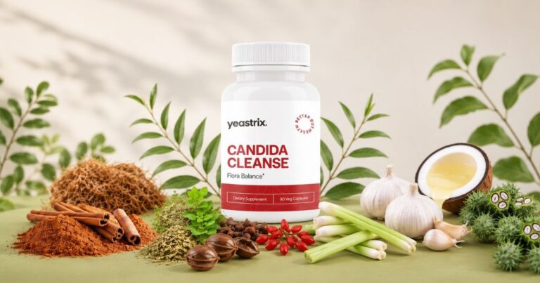 Promotional wellness graphic featuring Yeastrix Candida Cleanse supplement surrounded by botanical ingredients including cinnamon, garlic, herbs, coconut, and lemongrass on a soft natural background.