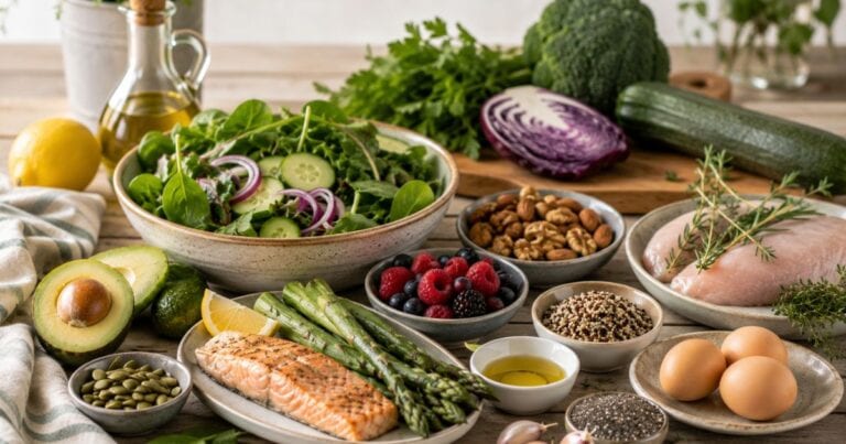 Fresh whole foods including leafy greens, vegetables, salmon, chicken, eggs, avocado, berries, nuts, seeds and quinoa arranged on a rustic kitchen table.