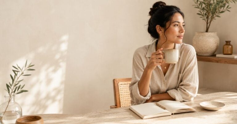 Woman sitting at a sunlit table with a warm drink and journal, reflecting on her health while exploring whether her symptoms could be Candida die-off or another cause.