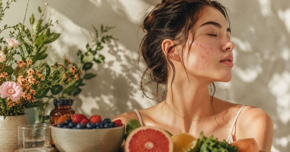 Young woman with hormonal acne in a natural wellness setting with colourful fruit, flowers and botanicals