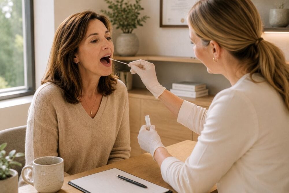 Healthcare practitioner gently performing an oral swab during a Candida assessment in a warm, modern clinic.