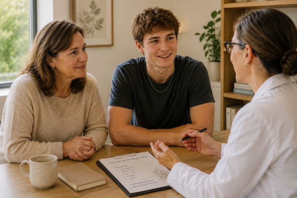 Mother and her young adult son discussing Candida testing options with a healthcare practitioner during a friendly consultation.