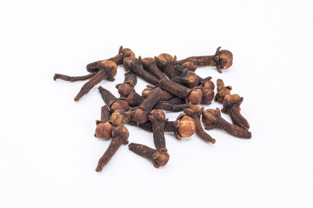 A pile of dried cloves scattered on a white surface.