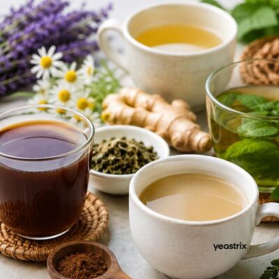 Herbal teas, dandelion root tea, and chicory coffee as caffeine-free alternatives during a Candida cleanse.