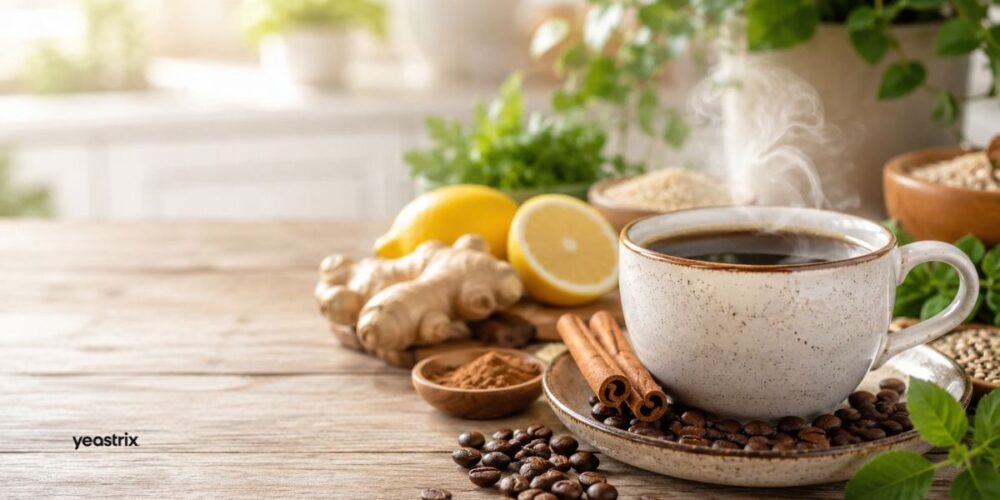 steaming cup of black coffee with coffee beans, cinnamon, ginger, and lemon on a rustic table, illustrating coffee choices on the Candida diet.