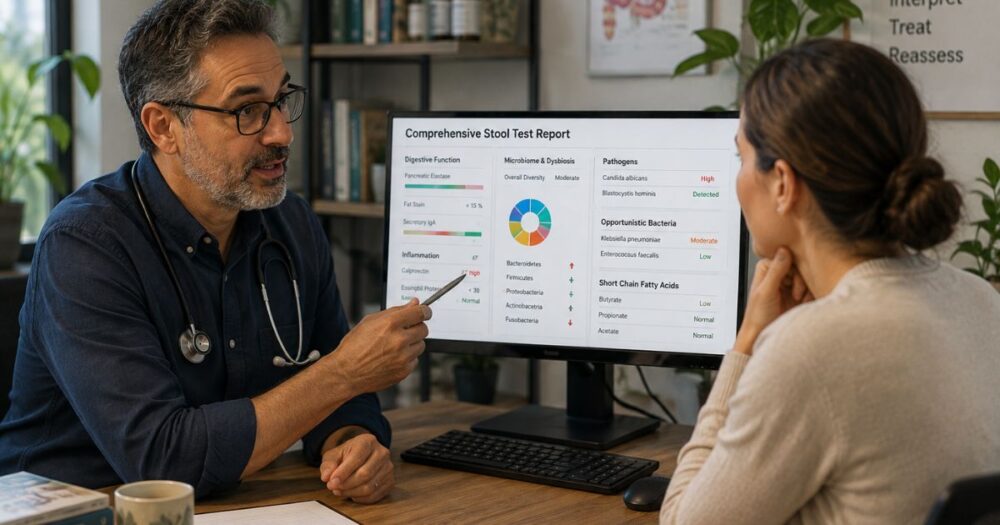 Healthcare practitioner discussing comprehensive stool test results with a patient