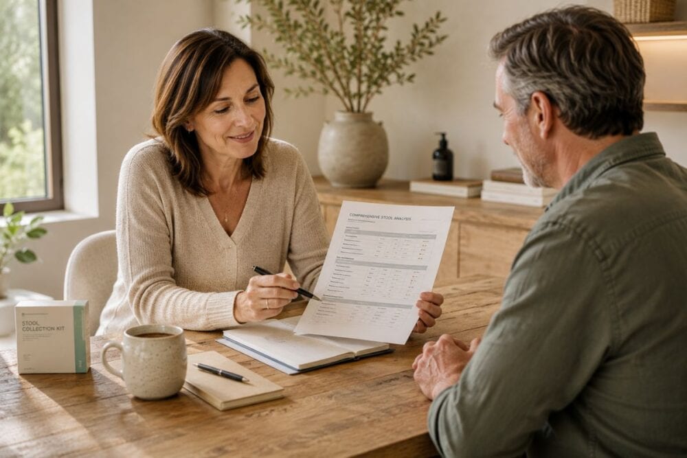 Middle-aged healthcare practitioner reviewing comprehensive stool test results with a patient during a calm consultation in a warm, natural clinic.