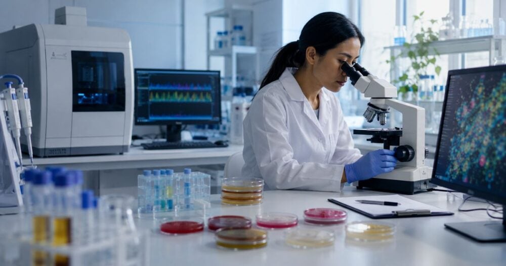 Scientist examining a sample under a microscope in a modern laboratory