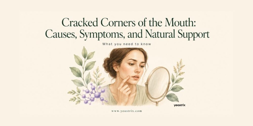 Editorial illustration of a woman looking at cracked corners of her mouth in a mirror with botanical accents, representing causes, symptoms, and natural support for angular cheilitis.