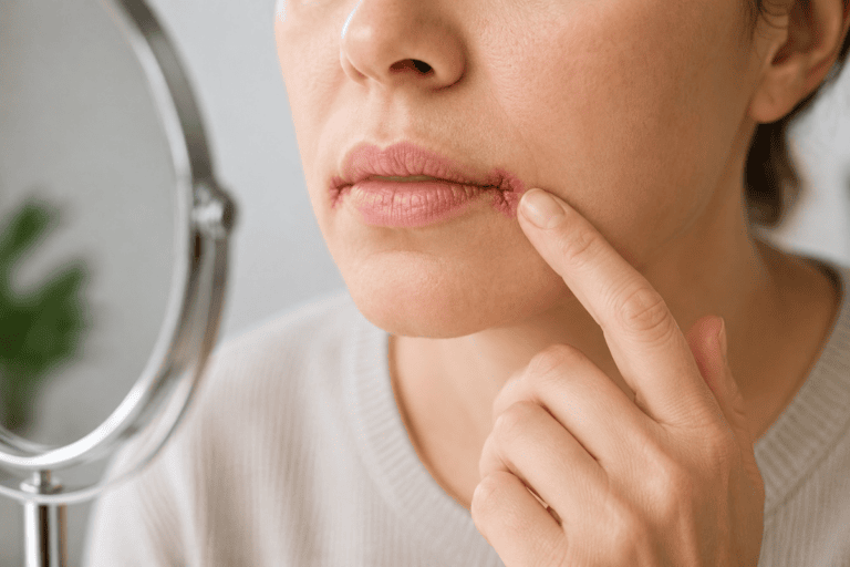 Close-up of a person with cracked corners of the mouth (angular cheilitis) gently examining irritation at the corners of the lips in a mirror.