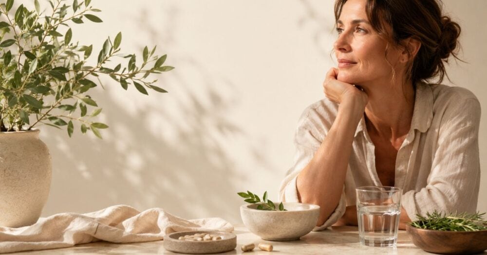 Woman sitting at a natural stone table with herbs, water and supplements, representing healthy lifestyle choices that support people living with diabetes and recurrent yeast infections.