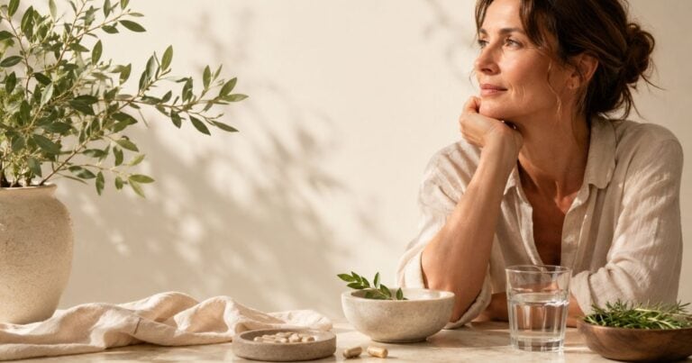 Woman sitting at a natural stone table with herbs, water and supplements, representing healthy lifestyle choices that support people living with diabetes and recurrent yeast infections.