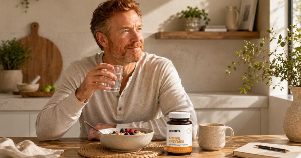 Middle-aged red-haired man drinking water with Yeastrix Active Enzymes beside a healthy breakfast, illustrating digestive enzyme support for Candida and gut health.