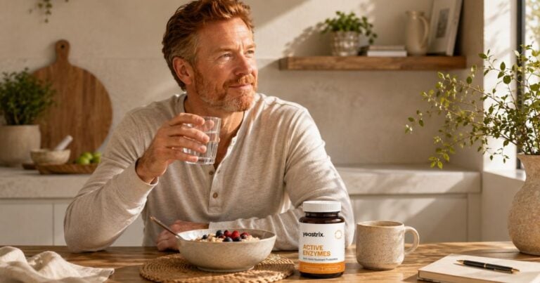 Middle-aged red-haired man drinking water with Yeastrix Active Enzymes beside a healthy breakfast, illustrating digestive enzyme support for Candida and gut health.