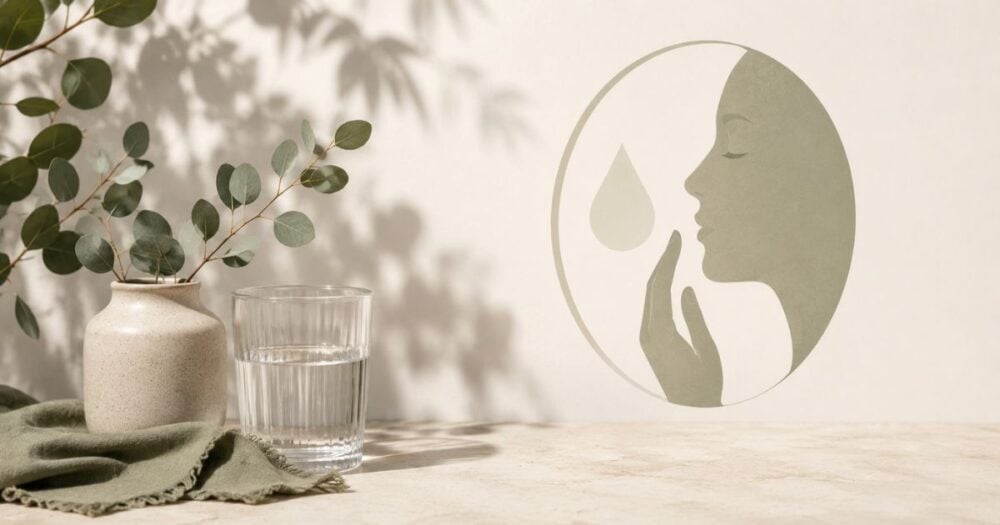Minimalist wellness scene with a glass of water, eucalyptus leaves, and an abstract profile illustration representing dry mouth and oral hydration.