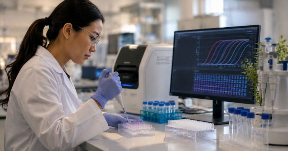 Scientist performing molecular testing with laboratory samples and qPCR analysis equipment