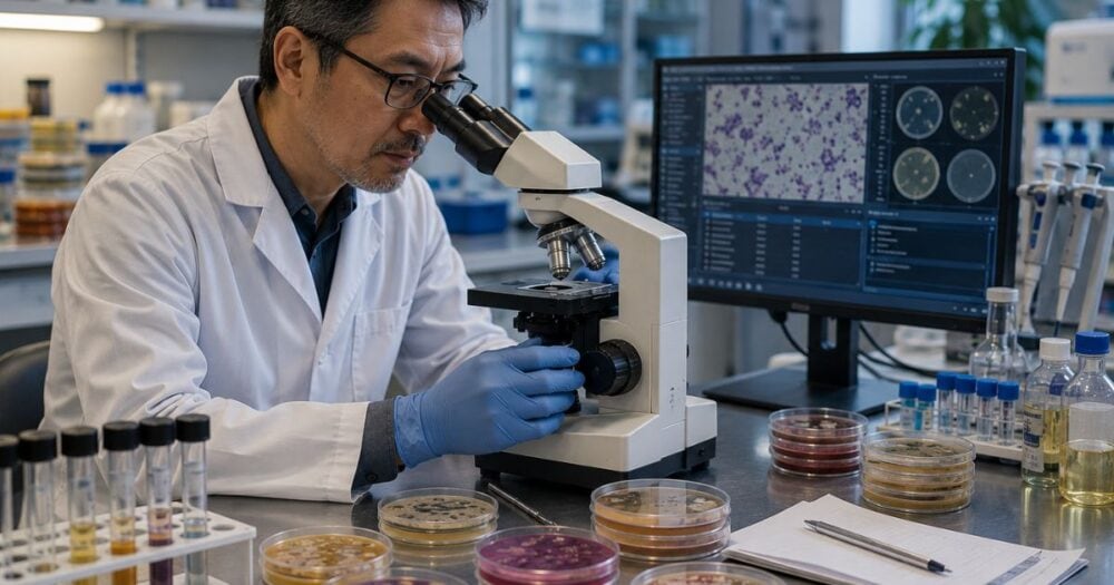 Male scientist examining cultured samples with a microscope in a microbiology