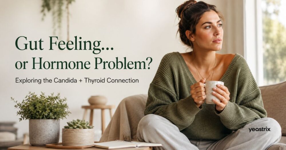Woman sitting thoughtfully in a softly lit living room holding a mug, with wellness-themed text discussing the possible connection between gut health, candida, and thyroid health.