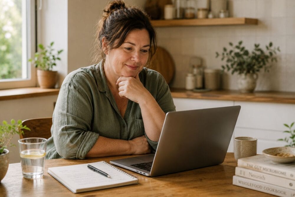 Middle-aged woman reading information on a laptop at a kitchen table with a notebook and glass of water while researching home Candida testing.