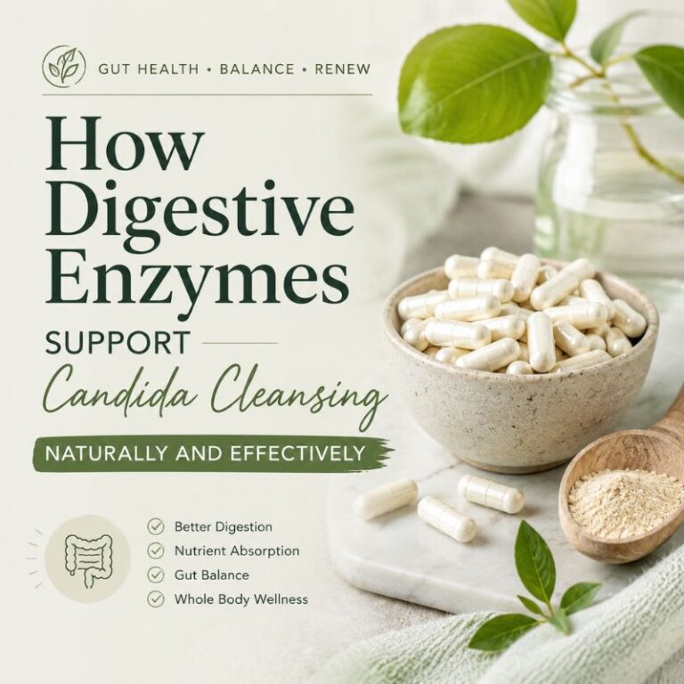 Wellness-themed graphic with digestive enzyme capsules and text discussing how digestive enzymes may support Candida cleansing naturally and effectively.