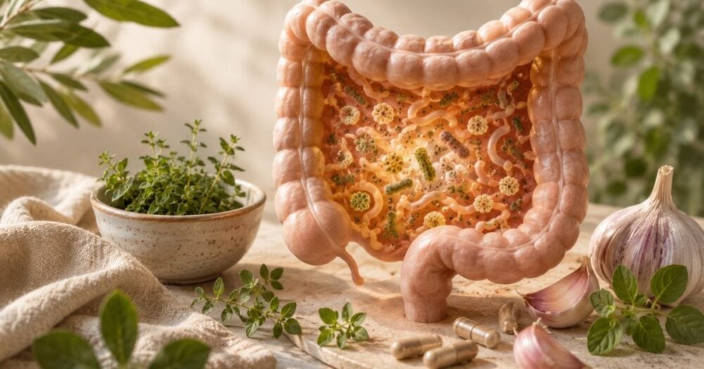 Illustration of the small intestine showing bacterial overgrowth with digestive-support herbs, representing natural support for SIBO and gut health.