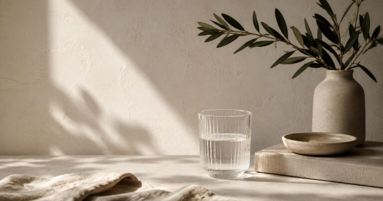 Minimalist still life with a glass of water, neutral ceramic vase with olive branches, linen cloth and book on a sunlit table