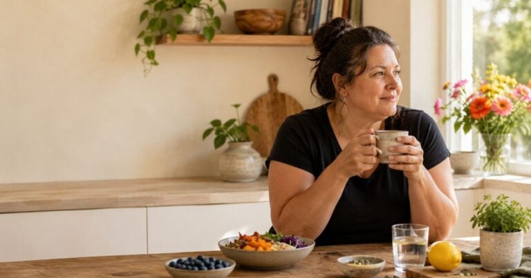 Middle-aged woman enjoying a healthy breakfast in a bright kitchen, representing everyday habits that support gut health and microbiome balance.