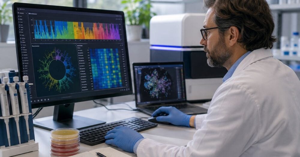 Scientist analysing microbiome sequencing data on laboratory computer monitors