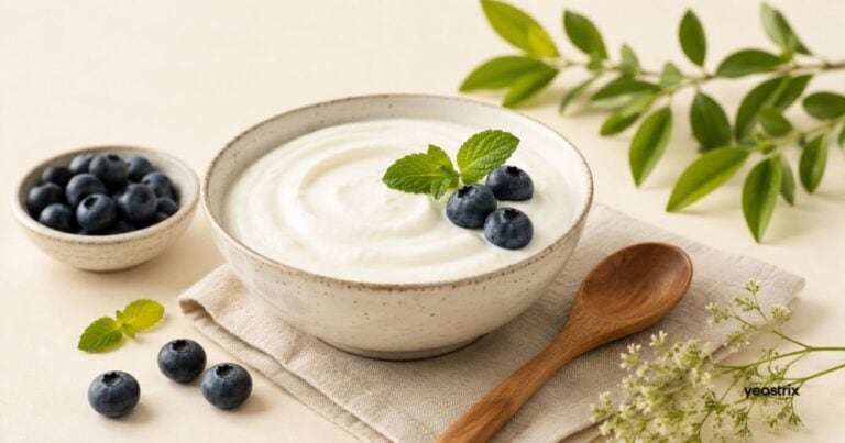 Plain yoghurt with blueberries and fresh mint, representing yoghurt choices on a Candida-friendly diet.