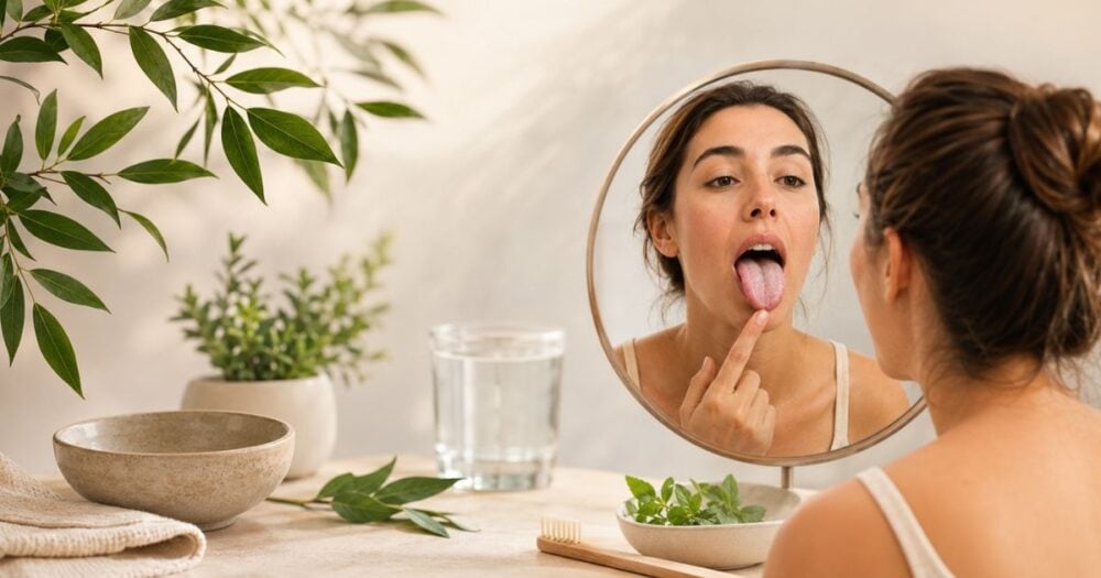 Woman examining her tongue in a mirror, representing oral thrush symptoms and natural support for oral and gut health.