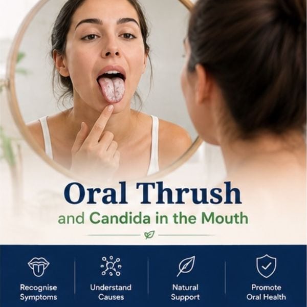 Person checking their tongue in a mirror for symptoms of oral thrush