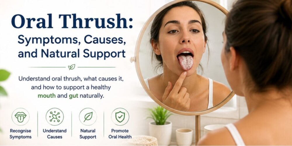 Woman looking in a mirror and examining her tongue for signs of oral thrush and Candida overgrowth