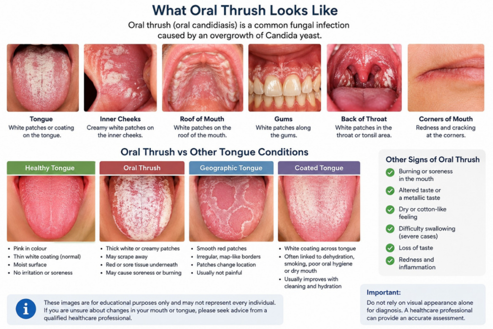 Comparison chart showing oral thrush, coated tongue, geographic tongue, and healthy tongue with visual differences and key characteristics