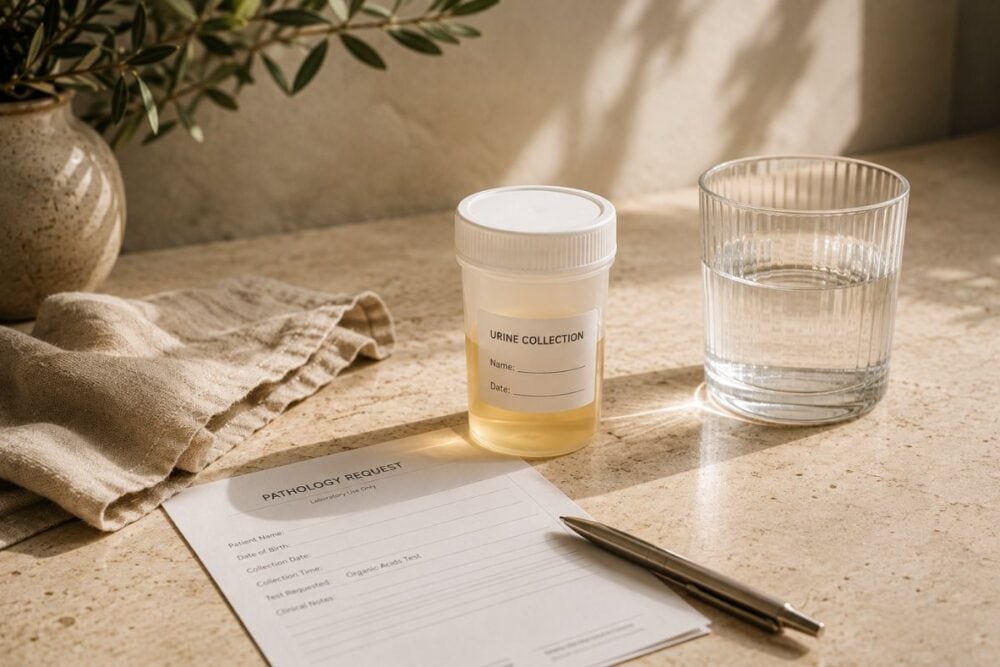Generic urine collection container, pathology request form, glass of water and pen arranged on a travertine bench to illustrate Organic Acids Testing (OAT) for Candida assessment.