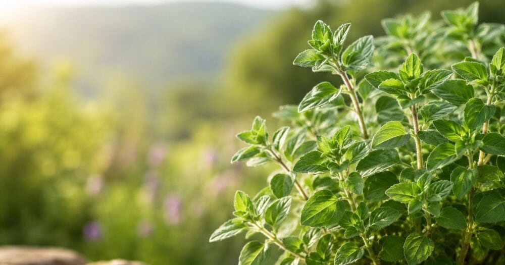 Healthy oregano plant (Origanum vulgare) growing in a sunlit garden with vibrant green leaves and a natural blurred background.