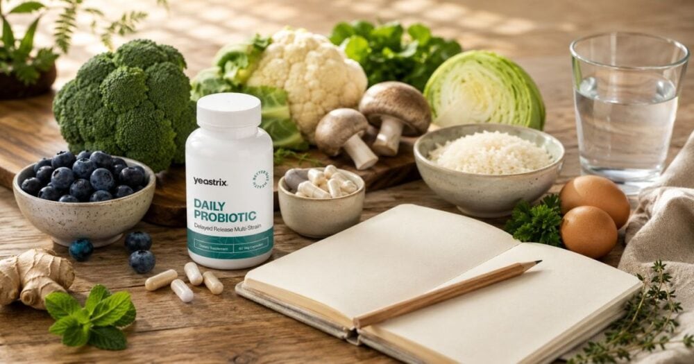 Fresh low-oxalate foods including broccoli, cauliflower, cabbage, mushrooms, blueberries, eggs and rice arranged with the Yeastrix Daily Probiotic on a rustic wooden table, representing gut health and nutritional support.