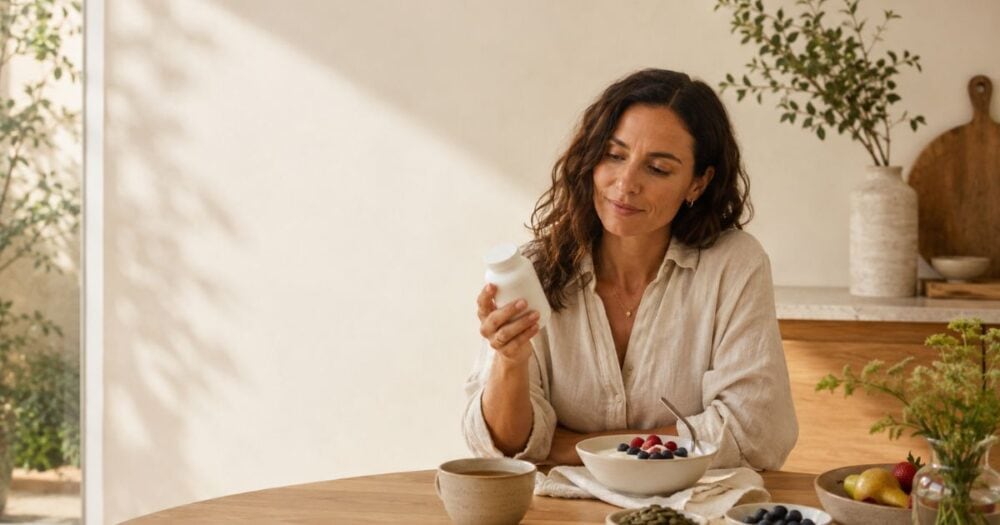 Woman reading the label on a probiotic supplement while enjoying a healthy breakfast in a warm, naturally lit kitchen.