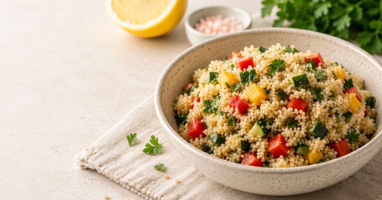 Bowl of cooked quinoa with colourful vegetables on a light background representing a balanced Candida-friendly meal.